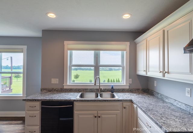 21491 8th Ave, Conklin, MI 49403 - kitchen with black dishwasher, recessed lighting, white cabinetry, and dark wood-type flooring