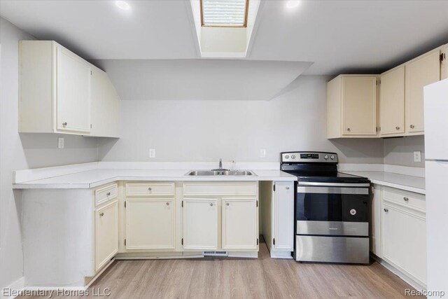 45866 Gable Inn St, Shelby Twp, MI 48317 - kitchen featuring stainless steel electric stove, light wood-style flooring, freestanding refrigerator, and light countertops