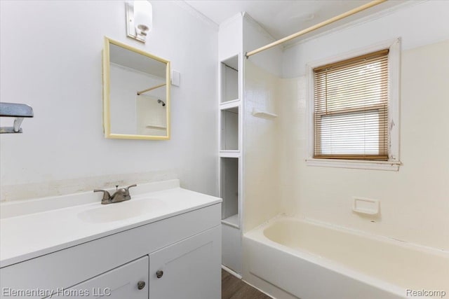45866 Gable Inn St, Shelby Twp, MI 48317 - bathroom featuring vanity, shower / bathtub combination, and ornamental molding