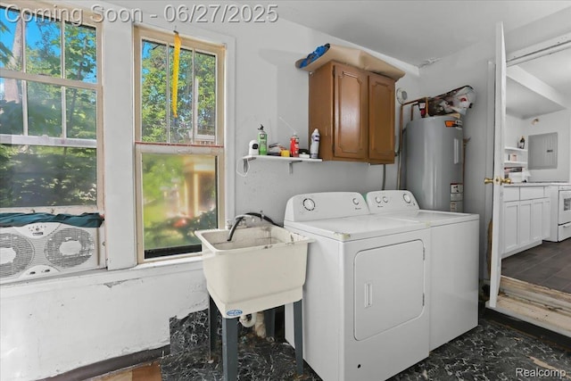 166 W Milton Ave, Oak Park, MI 48030 - laundry area with electric water heater, cabinet space, washer and clothes dryer, electric panel, and healthy amount of natural light