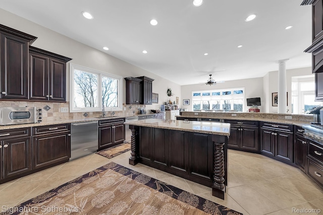 5001 Forest Vly, Clarkston, MI 48348 - kitchen featuring dishwasher, a ceiling fan, healthy amount of natural light, a center island, and recessed lighting