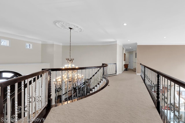 5001 Forest Vly, Clarkston, MI 48348 - hall featuring an upstairs landing, a chandelier, ornamental molding, carpet floors, and recessed lighting