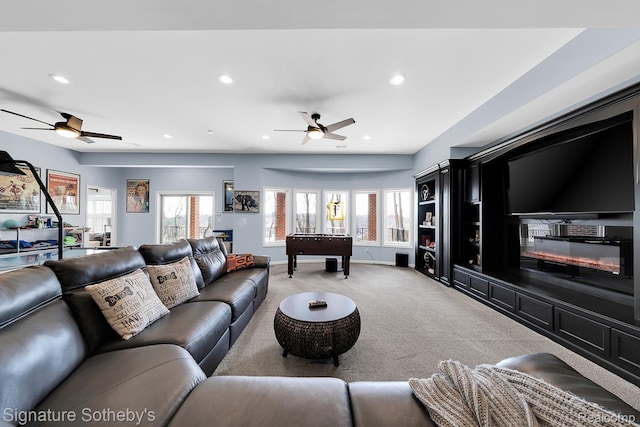 5001 Forest Vly, Clarkston, MI 48348 - living room with ceiling fan, light carpet, and recessed lighting
