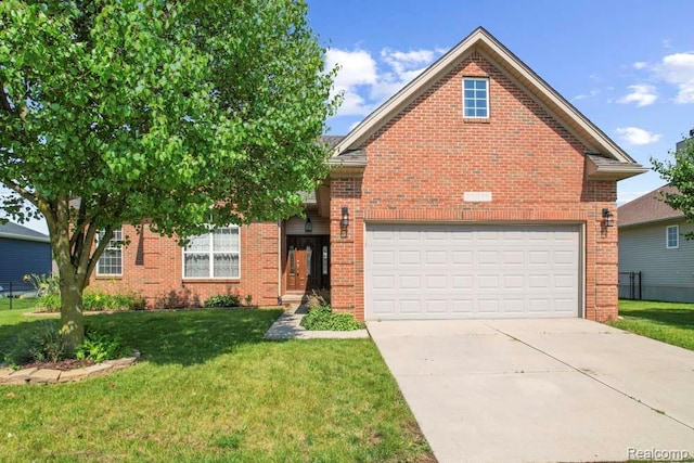 70298 Sunny Brook Ln, Macomb, MI 48062 - view of front of home with brick siding, driveway, a front lawn, and a garage