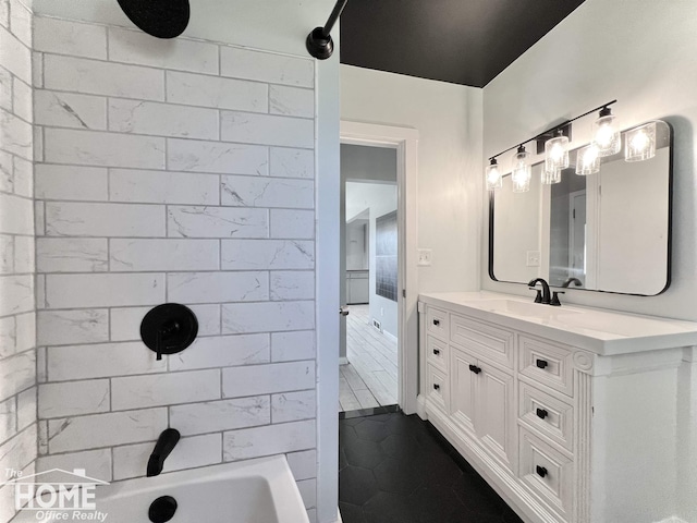 10306 Reid Rd, Swartz Creek, MI 48473 - full bathroom featuring vanity, shower / tub combination, and tile patterned flooring