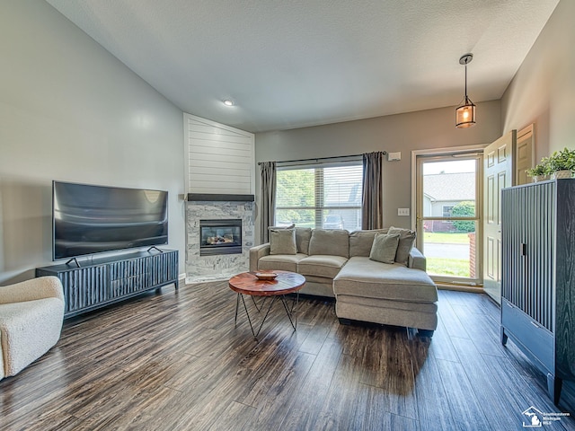 5257 Torrington Dr, Monroe, MI 48161 - living room featuring wood finished floors, a fireplace, and lofted ceiling