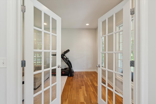 6212 Sagamore Ln, Kalamazoo, MI 49004 - workout area featuring french doors, healthy amount of natural light, wood finished floors, and recessed lighting