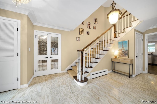 4462 Barchester Dr, Bloomfield Hills, MI 48302 - entryway featuring french doors, a baseboard heating unit, stairs, ornamental molding, and marble finish flooring