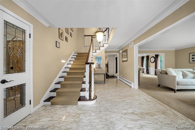4462 Barchester Dr, Bloomfield Hills, MI 48302 - foyer entrance featuring baseboard heating, ornamental molding, stairway, and marble finish floors
