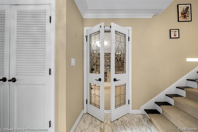 4462 Barchester Dr, Bloomfield Hills, MI 48302 - hallway with light marble finish flooring, ornamental molding, and stairway