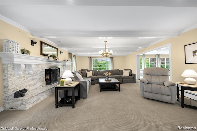 4462 Barchester Dr, Bloomfield Hills, MI 48302 - carpeted living room featuring ornamental molding, a fireplace, a chandelier, and beamed ceiling