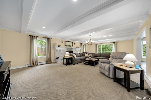 4462 Barchester Dr, Bloomfield Hills, MI 48302 - living room featuring beam ceiling, carpet flooring, crown molding, healthy amount of natural light, and a chandelier