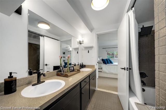 4462 Barchester Dr, Bloomfield Hills, MI 48302 - ensuite bathroom featuring double vanity, shower / bath combo with shower curtain, and tile patterned floors