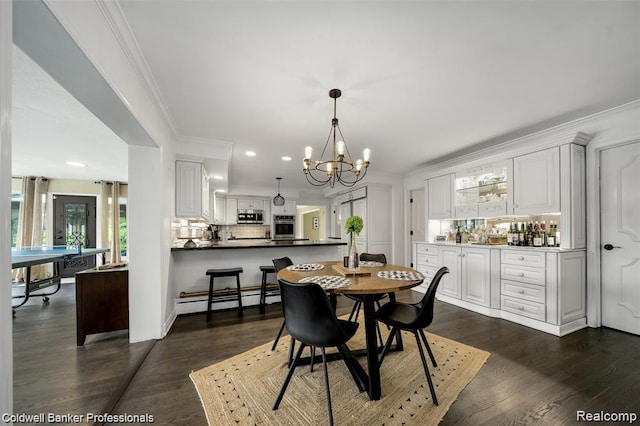 4462 Barchester Dr, Bloomfield Hills, MI 48302 - dining space with a chandelier, a baseboard heating unit, recessed lighting, ornamental molding, and dark wood finished floors