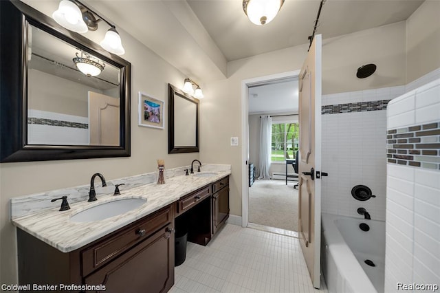 4462 Barchester Dr, Bloomfield Hills, MI 48302 - bathroom featuring double vanity, a baseboard radiator, bathing tub / shower combination, and tile patterned flooring