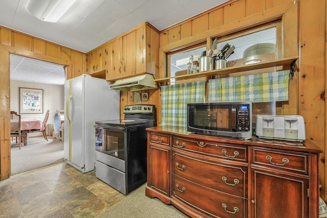 205 Alexander St, Cadillac, MI 49601 - kitchen with stainless steel range with electric stovetop, black microwave, under cabinet range hood, light colored carpet, and wooden walls