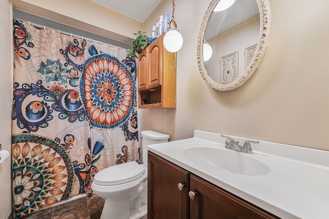 205 Alexander St, Cadillac, MI 49601 - bathroom featuring vanity, stone finish floors, and a shower with shower curtain