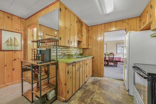 205 Alexander St, Cadillac, MI 49601 - kitchen featuring range with electric cooktop, wooden walls, light countertops, stone finish floors, and carpet floors
