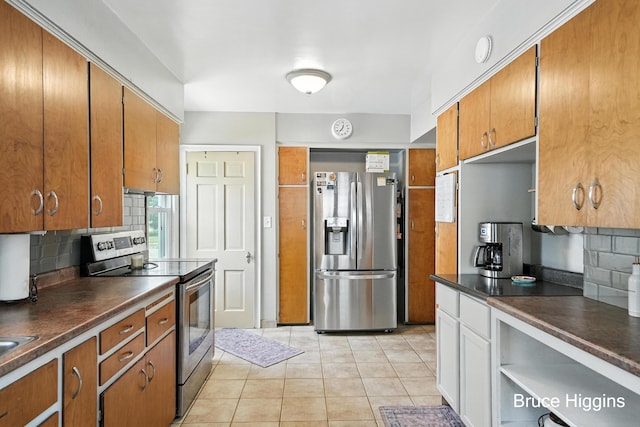 920 Graceland St NE, Grand Rapids, MI 49505 - kitchen featuring appliances with stainless steel finishes, dark countertops, backsplash, and brown cabinetry
