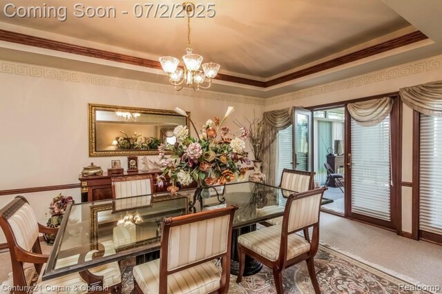 31085 Estate Woods Ct, Farmington Hills, MI 48331 - dining space featuring a chandelier, carpet, a tray ceiling, and ornamental molding