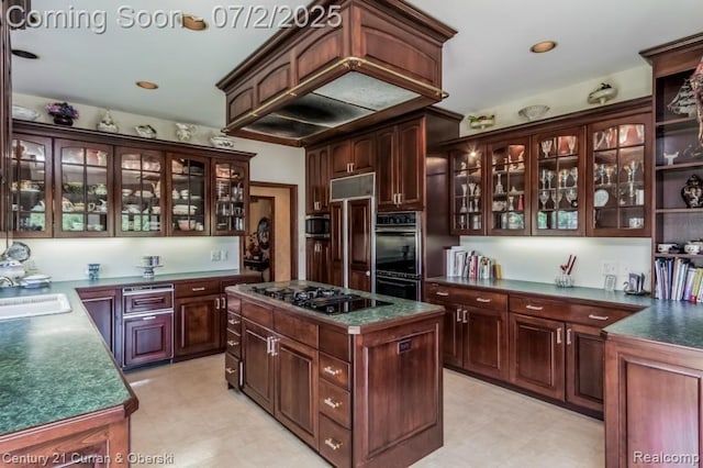 31085 Estate Woods Ct, Farmington Hills, MI 48331 - kitchen featuring black appliances, dark countertops, a kitchen island, and glass insert cabinets