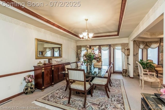 31085 Estate Woods Ct, Farmington Hills, MI 48331 - dining area featuring a chandelier, a tray ceiling, light colored carpet, and ornamental molding