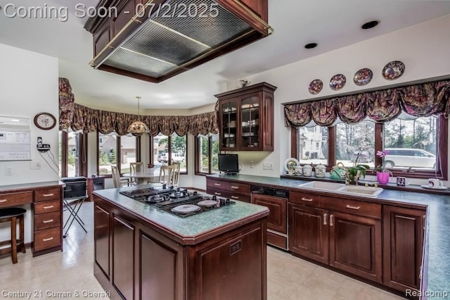 31085 Estate Woods Ct, Farmington Hills, MI 48331 - kitchen featuring black gas stovetop, extractor fan, dark countertops, glass insert cabinets, and an office area