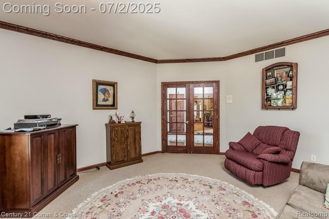 31085 Estate Woods Ct, Farmington Hills, MI 48331 - sitting room with light carpet, french doors, and ornamental molding