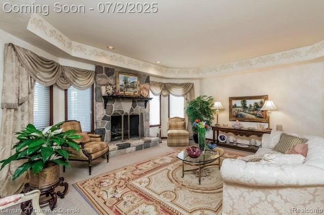 31085 Estate Woods Ct, Farmington Hills, MI 48331 - living room with carpet floors, a fireplace, and plenty of natural light