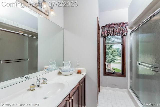 31085 Estate Woods Ct, Farmington Hills, MI 48331 - full bathroom with vanity, an enclosed shower, and tile patterned flooring