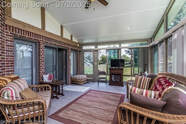 31085 Estate Woods Ct, Farmington Hills, MI 48331 - sunroom / solarium with carpet flooring, ceiling fan, french doors, high vaulted ceiling, and an outdoor hangout area
