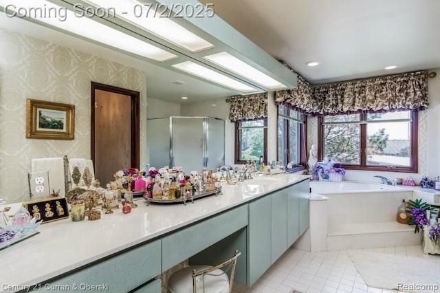 31085 Estate Woods Ct, Farmington Hills, MI 48331 - full bathroom featuring plenty of natural light, vanity, a stall shower, a bath, and wallpapered walls