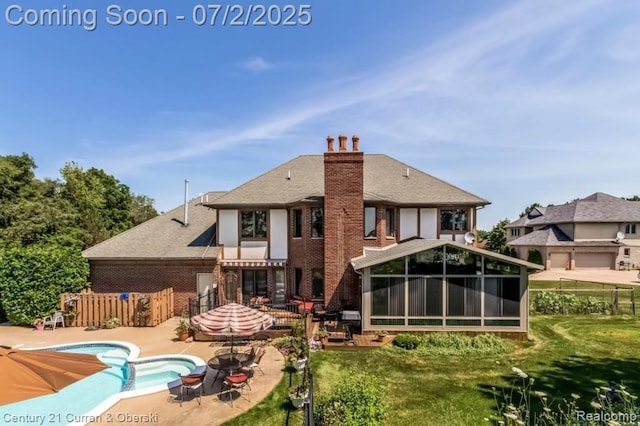 31085 Estate Woods Ct, Farmington Hills, MI 48331 - rear view of property with an in-ground hot tub, a sunroom, a patio area, a chimney, and a shingled roof