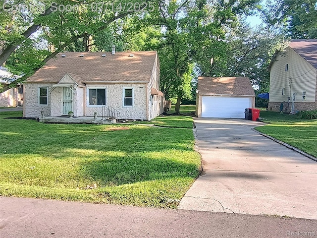 19241 Melrose Ave, Southfield, MI 48075 - view of front of home with stone siding, a front yard, an outdoor structure, and a garage