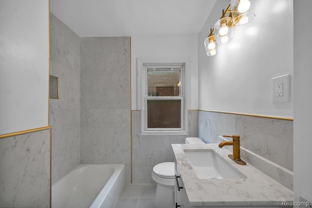 16880 Murray Hill St, Detroit, MI 48235 - bathroom featuring vanity, tile patterned floors, a wainscoted wall, and tile walls