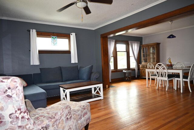 2245 Morton Ave, Muskegon, MI 49441 - living room with wood finished floors, a ceiling fan, and crown molding