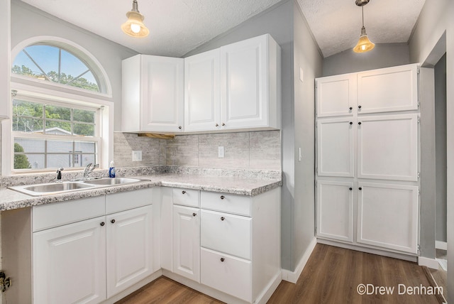 6973 W Blue Water Hwy, Saranac, MI 48881 - kitchen featuring dark wood-type flooring, white cabinets, tasteful backsplash, light countertops, and vaulted ceiling