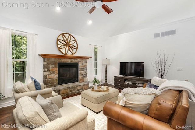 182 Fairhill Way, Howell, MI 48843 - living area with ceiling fan, wood finished floors, a stone fireplace, vaulted ceiling, and recessed lighting