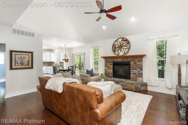 182 Fairhill Way, Howell, MI 48843 - living area with a ceiling fan, dark wood-style floors, a fireplace, recessed lighting, and high vaulted ceiling