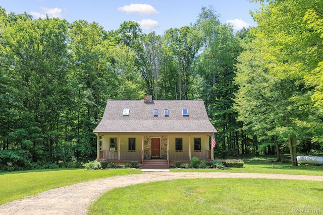 2931 N Lake Pleasant Rd, Attica, MI 48412 - cape cod home with a porch, a front yard, curved driveway, roof with shingles, and a chimney