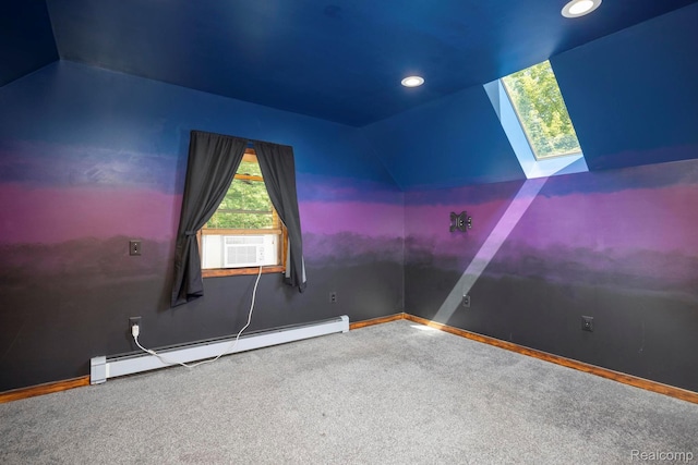 2931 N Lake Pleasant Rd, Attica, MI 48412 - unfurnished room featuring a baseboard heating unit, carpet, a skylight, recessed lighting, and vaulted ceiling