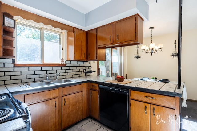 3541 Orshal Rd, Whitehall, MI 49461 - kitchen with black appliances, a peninsula, backsplash, brown cabinetry, and a chandelier