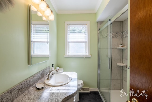 3541 Orshal Rd, Whitehall, MI 49461 - bathroom featuring a shower stall, vanity, and crown molding
