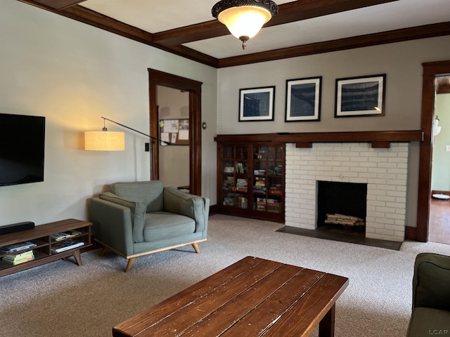950 College Ave, Adrian, MI 49221 - carpeted living room featuring a brick fireplace, ornamental molding, and beamed ceiling