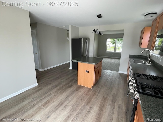 8090 Majestic Blvd, Fowlerville, MI 48836 - kitchen featuring dark countertops, a kitchen island, open floor plan, wood finished floors, and stainless steel appliances