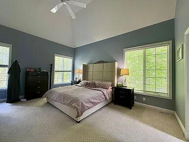 8255 Shady Brook Ln, Flushing, MI 48433 - bedroom with vaulted ceiling, light carpet, multiple windows, and a ceiling fan