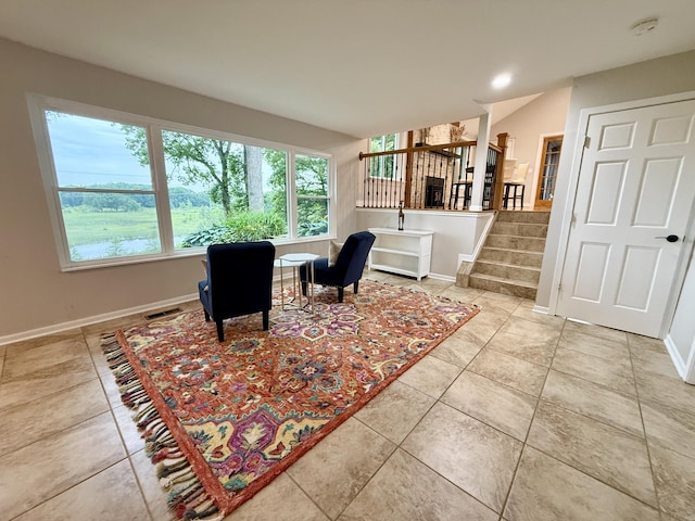 13955 Rattalee Lake Rd, Davisburg, MI 48350 - sitting room with tile patterned floors and stairs