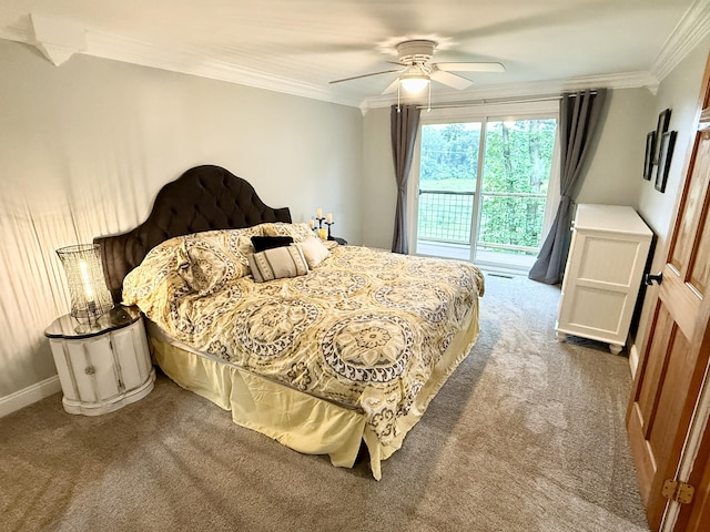 13955 Rattalee Lake Rd, Davisburg, MI 48350 - bedroom featuring carpet, crown molding, a ceiling fan, and access to exterior