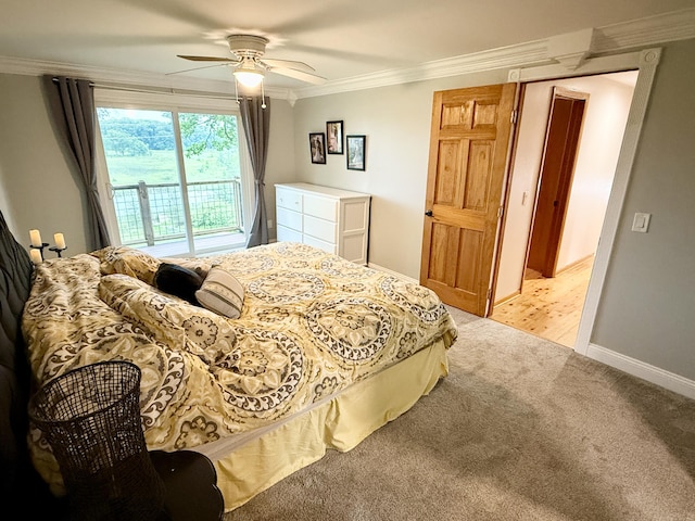 13955 Rattalee Lake Rd, Davisburg, MI 48350 - bedroom featuring light colored carpet, ornamental molding, access to outside, and a ceiling fan