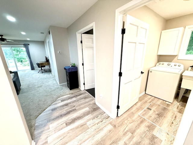 13955 Rattalee Lake Rd, Davisburg, MI 48350 - laundry area featuring washer / clothes dryer, light wood finished floors, recessed lighting, a ceiling fan, and cabinet space